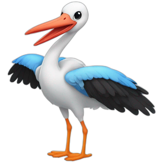  A big stork is carrying a blue bundle of cloth in its beak that has a cute white skinned baby face peeking out from it with black head emoji