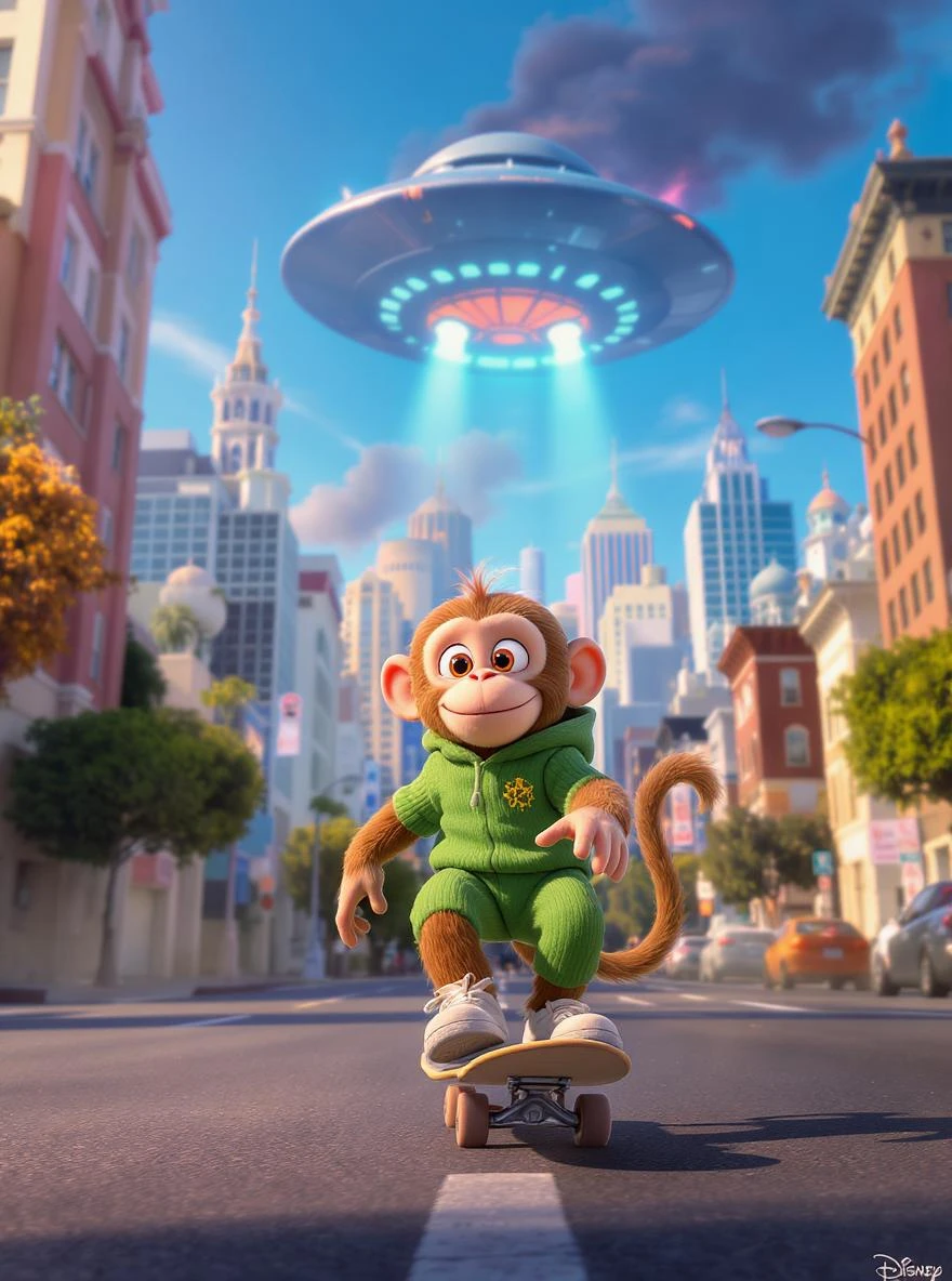 Disney style Cinematic still scane, Low angle shot, Deep staging, monkey dress in green outfit, monkey ride on skateboard, san francisno downtown with city lanscape, ufo destroying city in background, blue clean sky, shot by ARRI Alexa, soft cinematic lightning, back light, inspired by ToyStory 4 emoji
