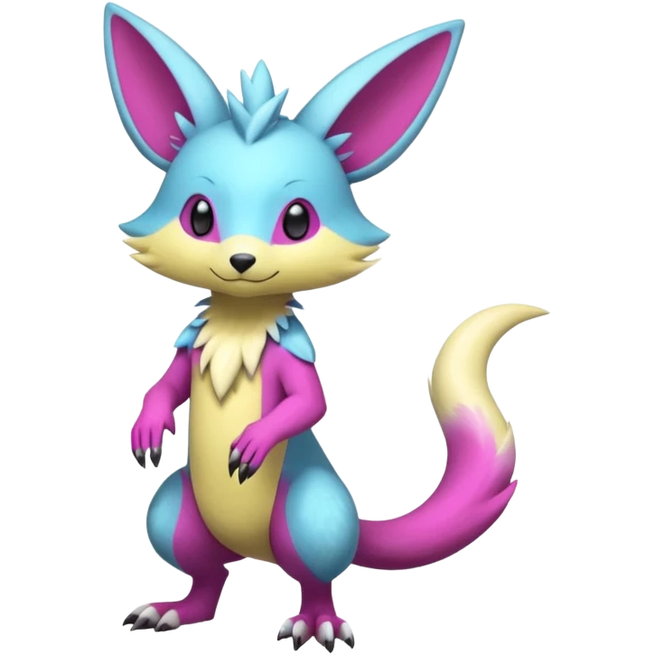Shiny smooth realistic silky soft Cyan-Yellowish-Magenta Minccino-Zeraora-Emolga-Vernid-Sergal-fusion-hybrid-animal-creature, full body emoji