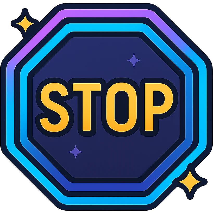 stop icon with dark purple, blue, and black base, bright accents, complex gradients, stars, bright neon border, modern clean stop symbol, glow and lighting effects, sophisticated futuristic icon style emoji