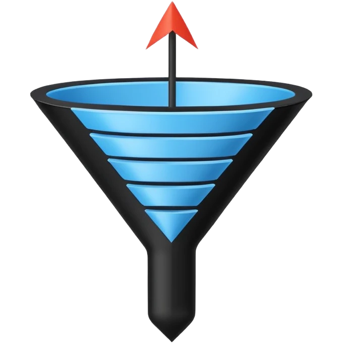 Minimalistic flat vector icon, iOS style, thin black contour on white background. Sales funnel shape with arrows pointing downward. Clean, no text, no shadows.
 emoji