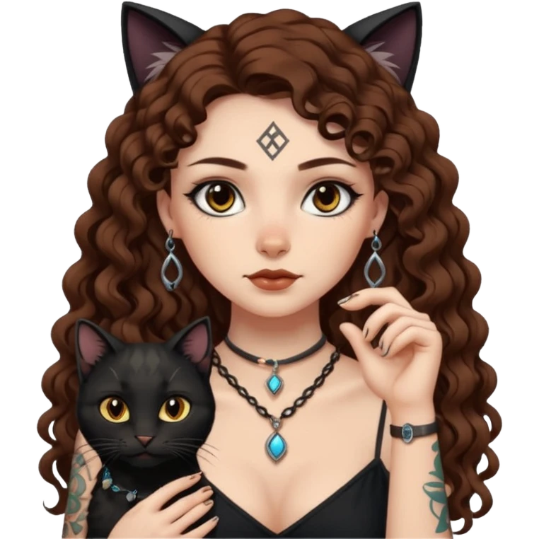 woman with long curly brown hair, brown eyes, white skin, tattoos, black cat wearing tiny rune necklace judging everyone emoji