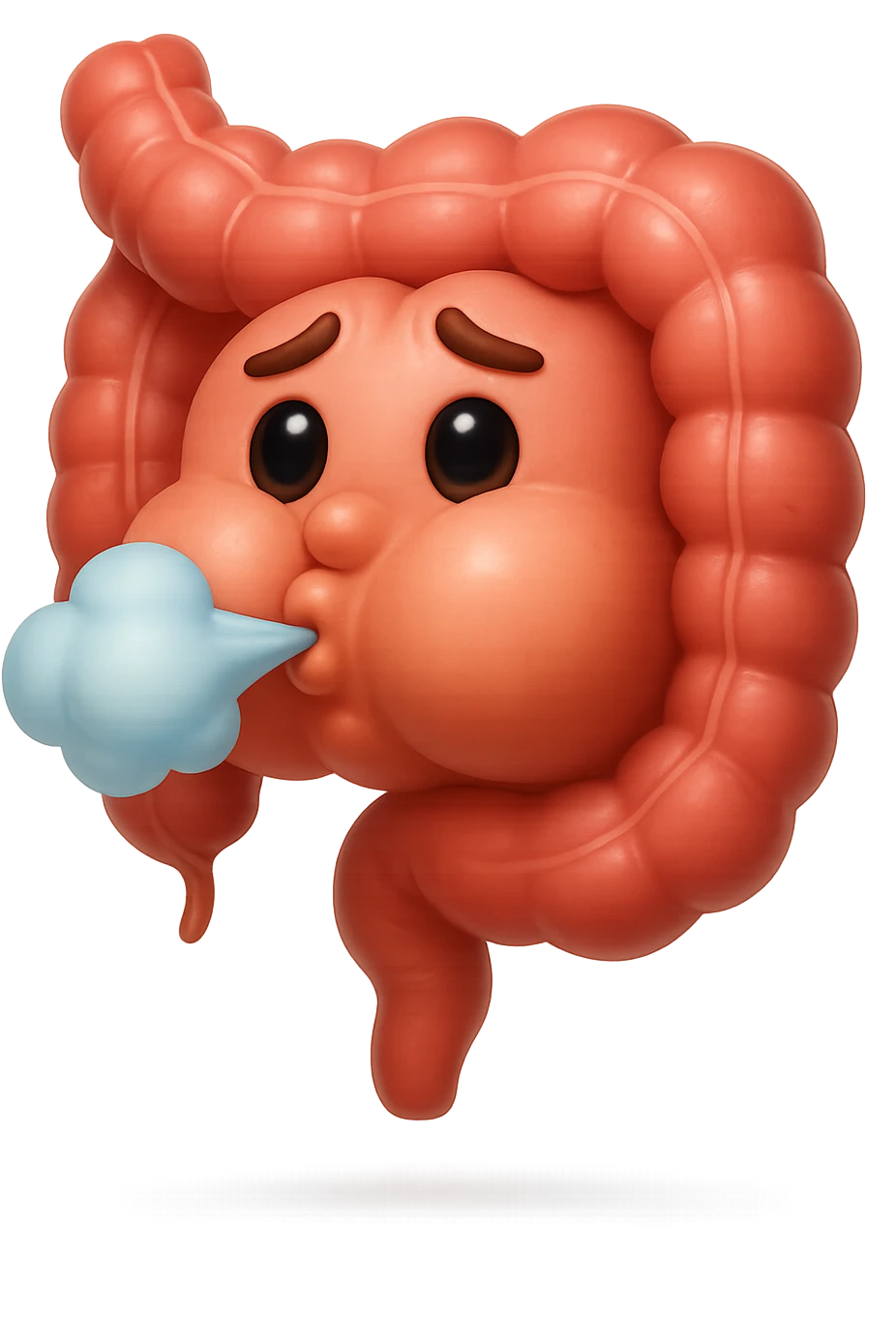 emoji stile iphone di un intestino che ingoia una nuvoletta di aria ben visibile e gli si gonfia la pancia, non fargli il naso, iperrealistico 4k emoji