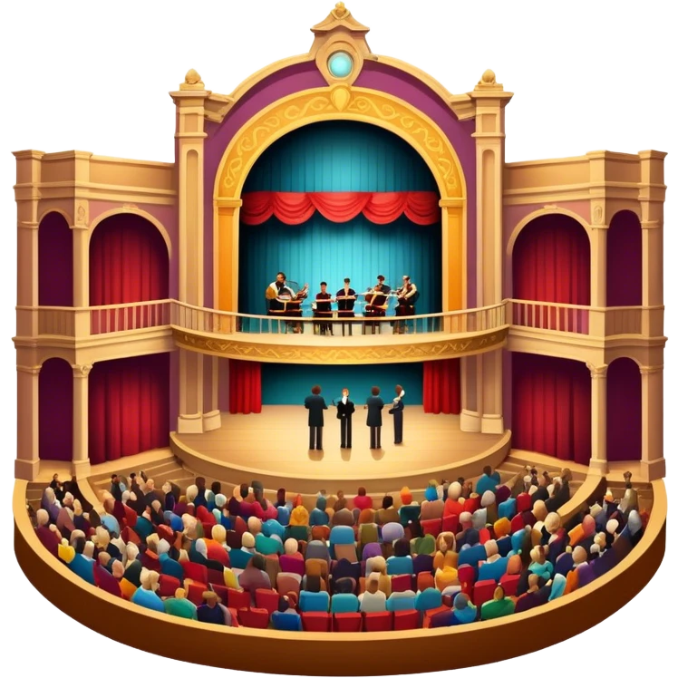 An icon depicting a theater stage with actors performing a play, illuminated by dramatic lighting. The audience watches from colorful balconies, while an orchestra plays in the pit, creating an immersive atmosphere. transparent background. emoji