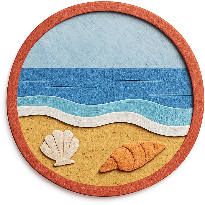 view of the ocean from the beach with sand, shells, and gentle waves, red and white emoji