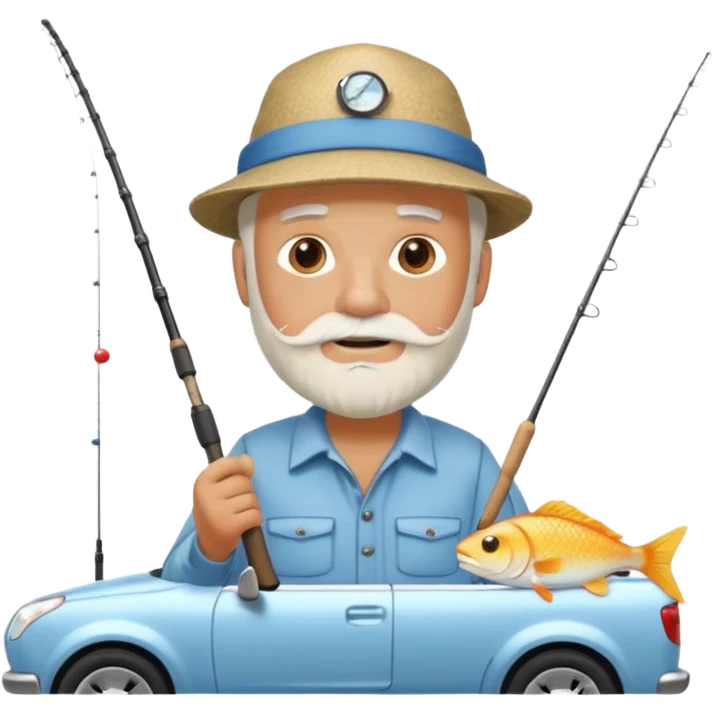 Открытка С Днем рождения дедушке с бородкой. ему 72 года. без текста. тема белый автомобиль и рыбалка. emoji