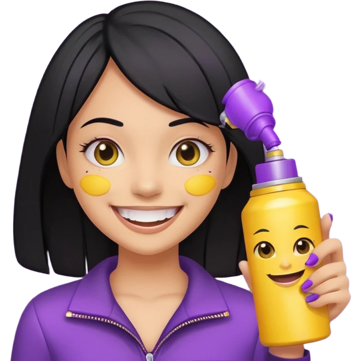 a girl with shiny black hair, big smile showing yellow teeth, holding a closed purple spray can, Genmoji emoji style emoji