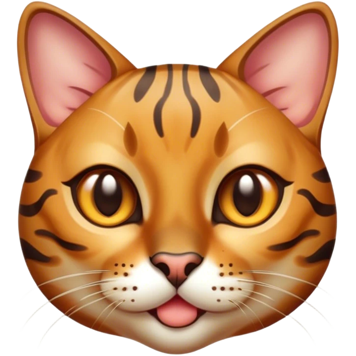 Cinematic Cute Bengal Cat Portrait Emoji, Head tilted playfully and inquisitively, sleek spotted brown and gold tones, Simplified yet adorable features, highly detailed, glowing with a warm, friendly glow, high shine, curious and affectionate, stylized with a touch of whimsy, bright and alert, soft glowing outline, capturing the essence of a mischievous yet loving kitten, so endearing it feels like it could pounce out of the screen and play! emoji
