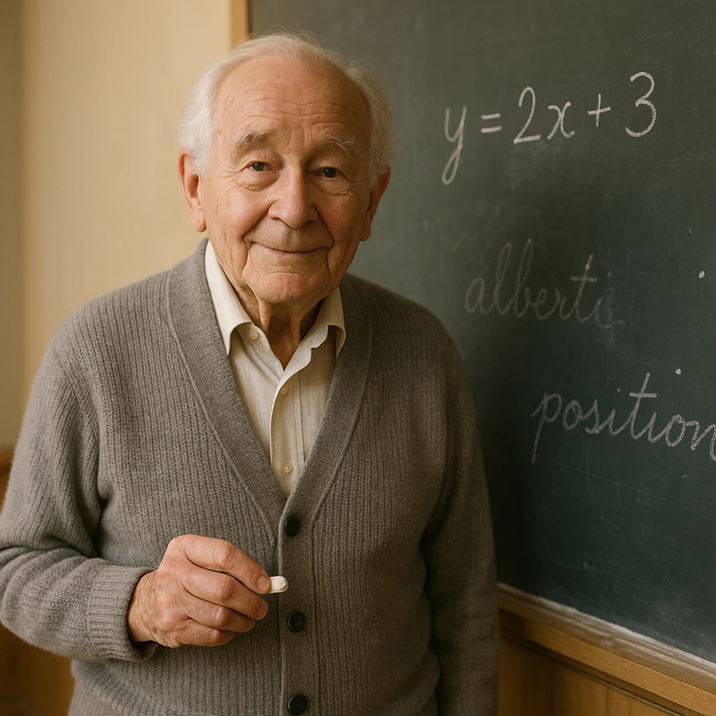a senior teacher, 80 years old, with a kind face, chalk in hand, standing by a blackboard emoji