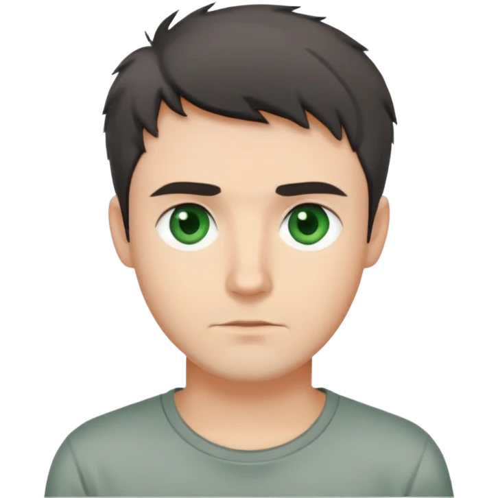 man with dark messy short hair, dark green eyes, wearing a gray t-shirt emoji