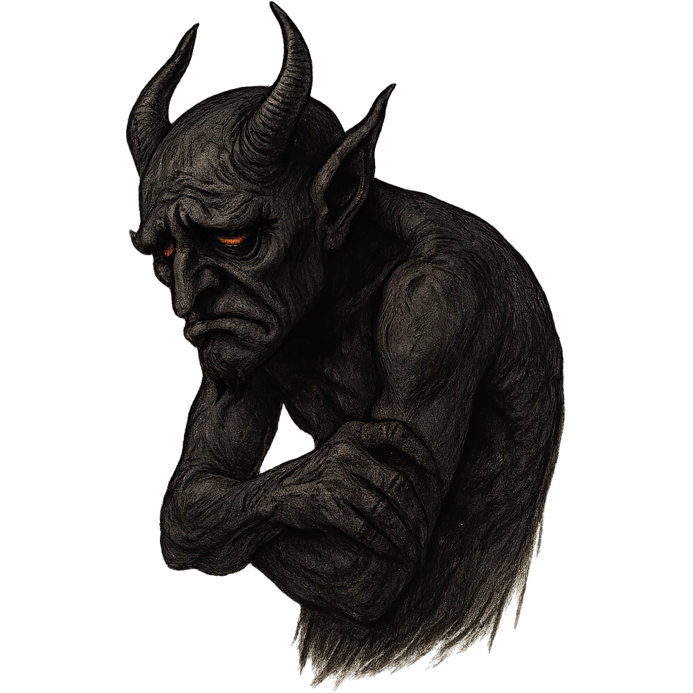 depressed pessimistic demon with dark sneering features, vicious eyes, sad guilty demeanor emoji