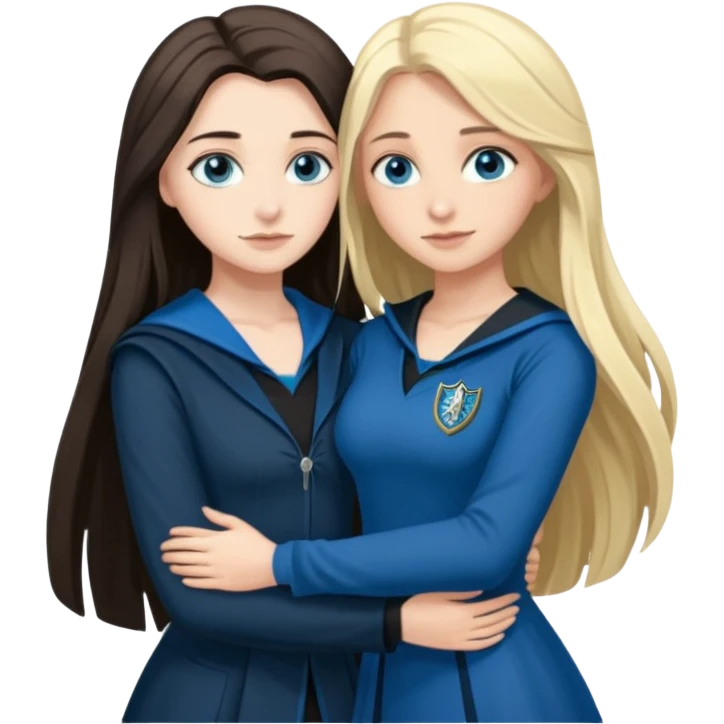 a pretty ravenclaw girl with long dark brown hair and blue eyes standing with a hot Slytherin girl with long blonde hair, blue eyes and big boobs  emoji