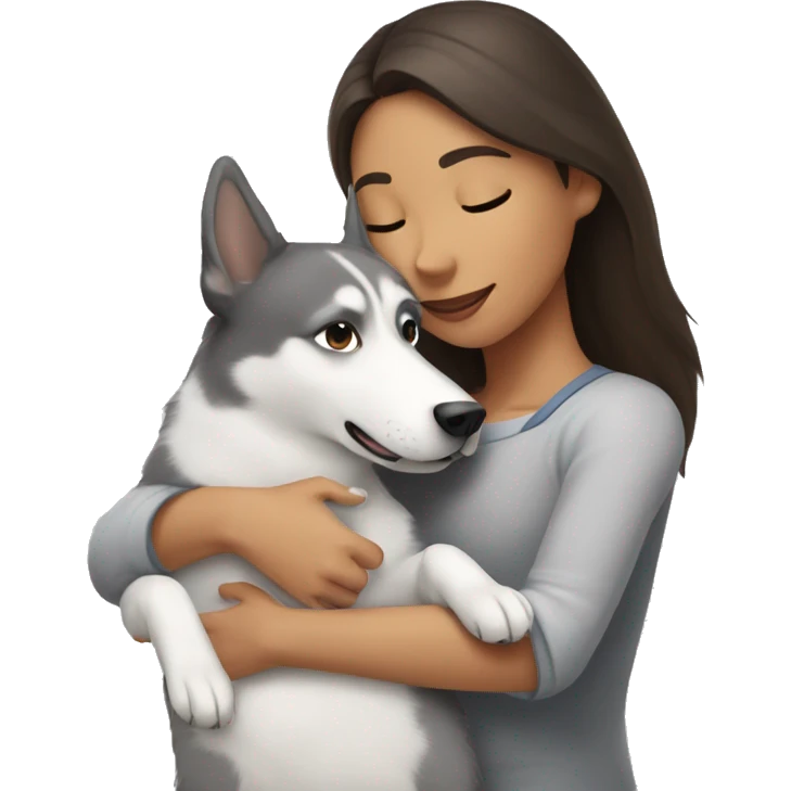 A brunette hugs a white and gray dog like a husky emoji