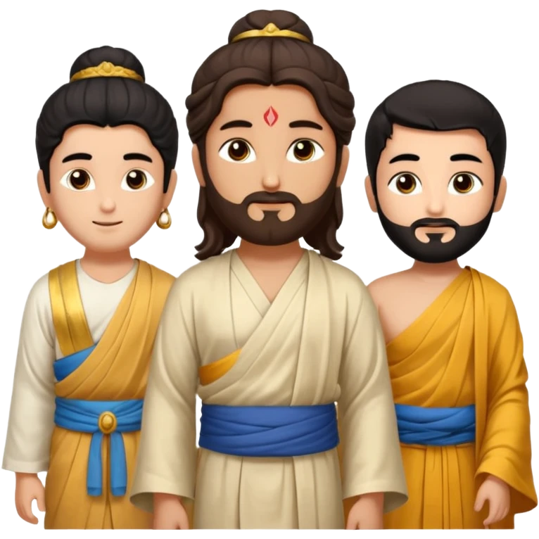Create a Jesus, Krishna, and Buddha standing together. Buddha: warm golden or light tan skin, dark curled hair with a traditional top bun (ushnisha), half-closed meditative eyes

 emoji
