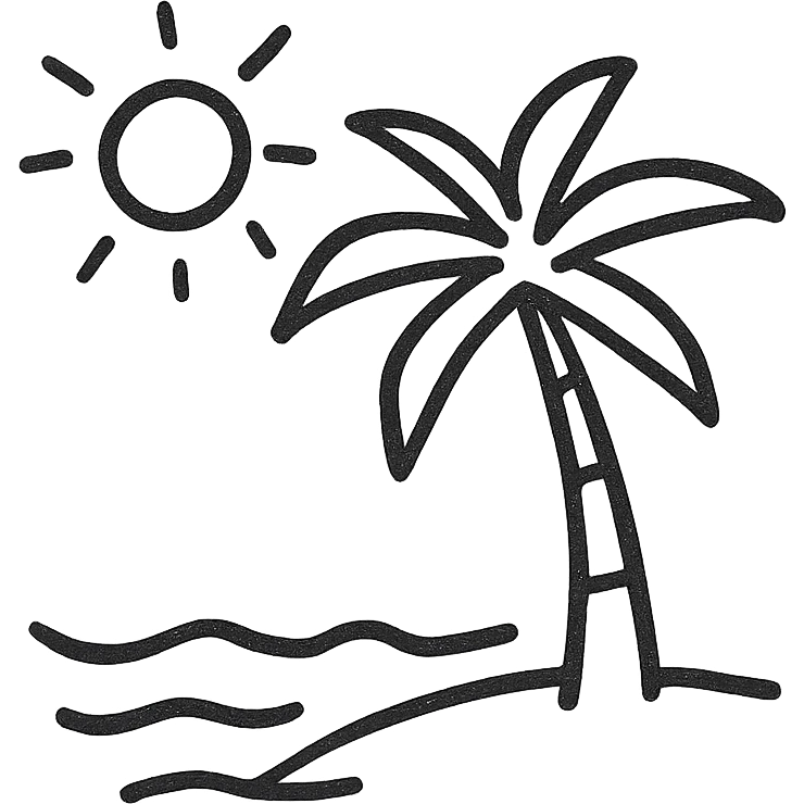 a beach with a palm tree and a sun emoji