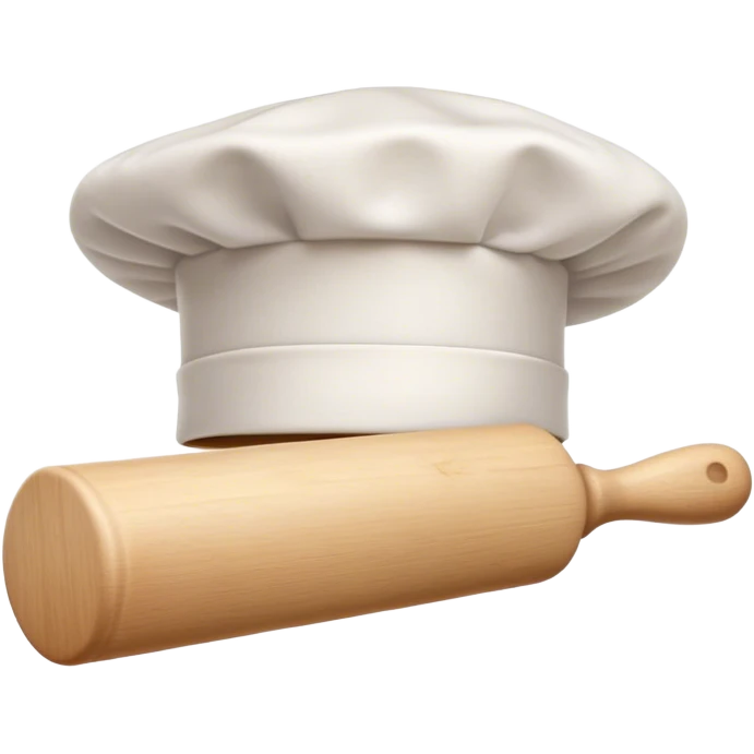 Cinematic Realistic Chef Hat & Rolling Pin, crisp white cotton hat with soft folds, resting beside a classic wooden rolling pin with smooth, polished curves, a light dusting of flour adding authenticity, warm kitchen lighting casting gentle shadows, glowing with a cozy and inviting charm. emoji