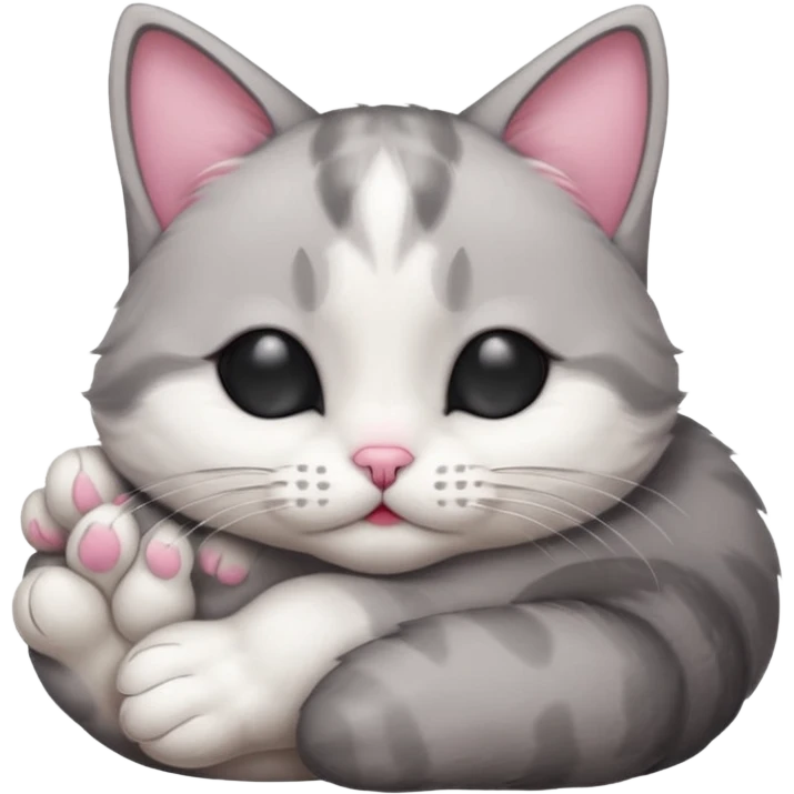 grey and white small cat with its eyes closed lying down with its head resting own paw emoji