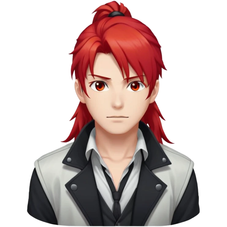Handsome gorgeous anime man with bright-red hair, thick long ponytail, red eyes, white shirt, black jacket, stone face emoji
