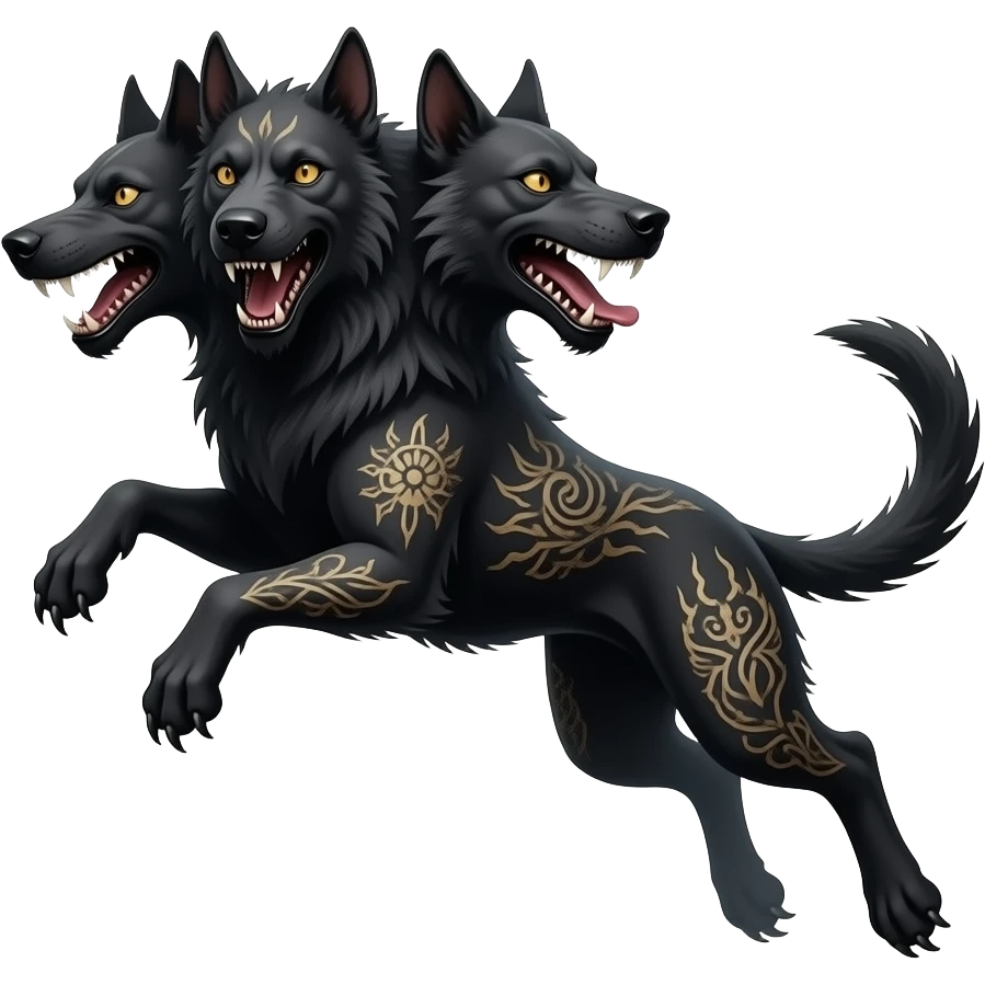 cinematic - cerberus, a three-headed creepy black hellhound in a jump, in smoke, tattooed emoji