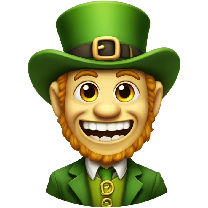 Leprechaun with laughably crossed eyes and an open mouth with crooked teeth. Just one yellow skin. Eyes more crossed. Whole body cross the eyes. Small beady eyes emoji