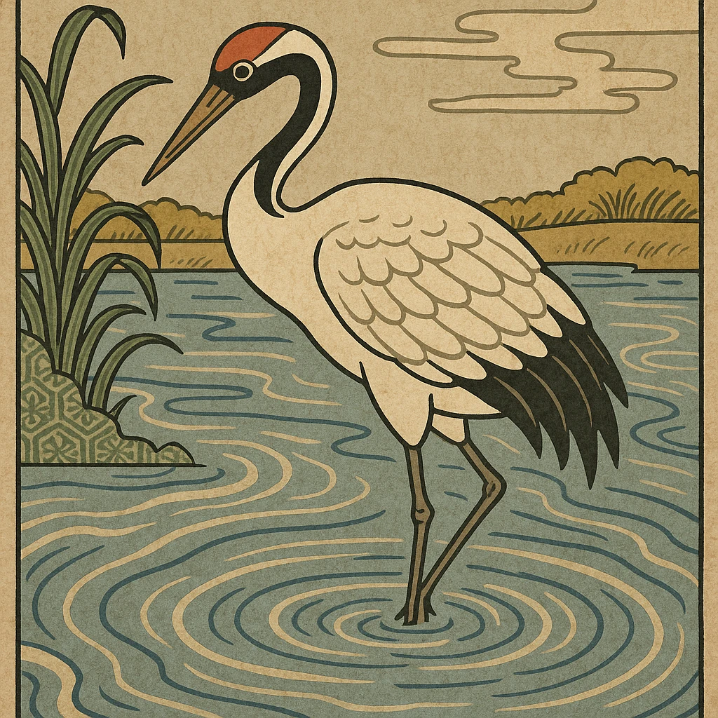 ukiyo-e style illustration of a crane bird standing in water emoji