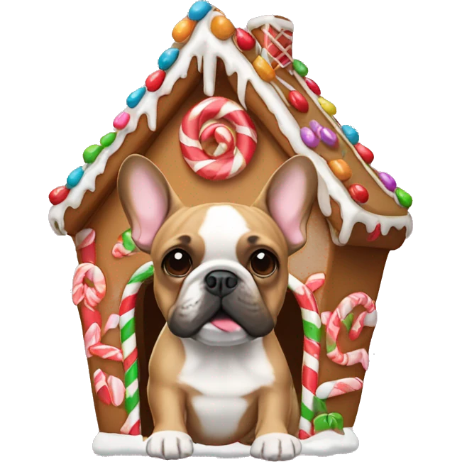 Tan French bulldog in gingerbread house emoji