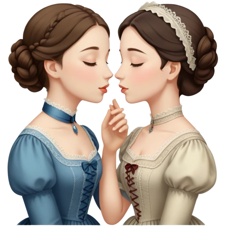 eyes closed lesbian kiss between modest Victorian women emoji