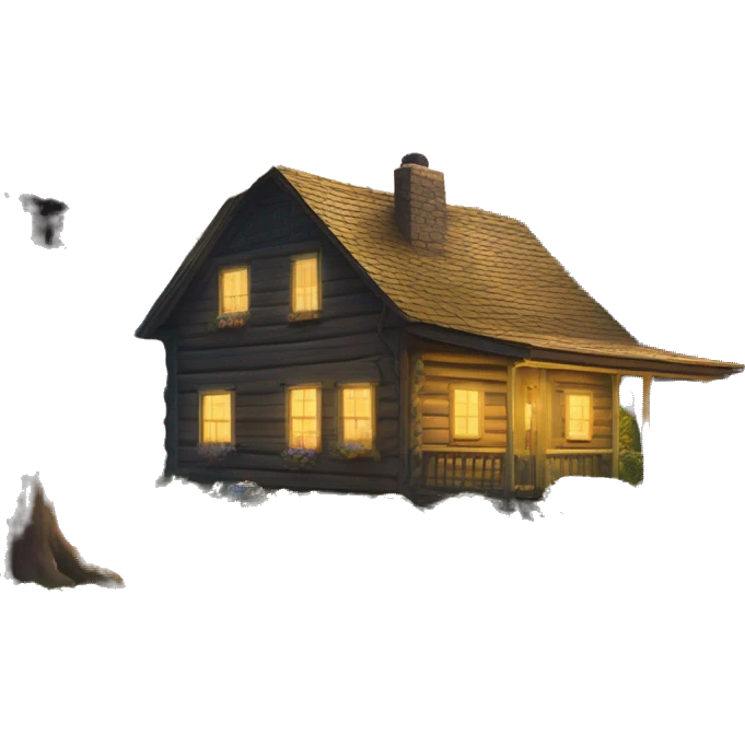  very very big Cabin near a big tree.  Thick moss growing on the roofs. The cabin thick grass fields. porch lights turned off. bright white interior lights turned on. guests sitting in chairs on the porch, flowers and bushes yellow and blue, near Scooby  emoji