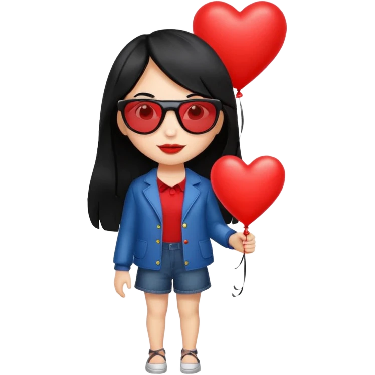 black hair girl with sun glasses holding red heart balloon emoji