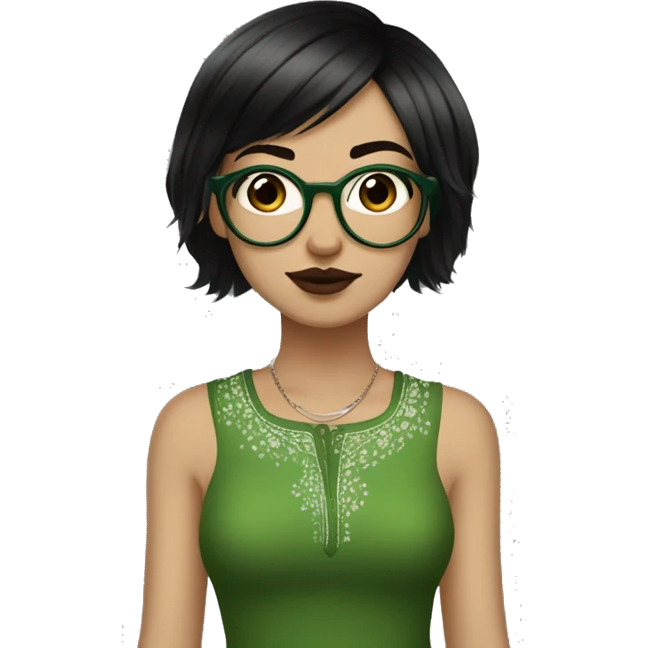 White skinny girl in a green kurta with flower design, glasses, alot of piercing, gay, red lips, nose ring, full body, short straight black edgar hair, black straight hair, front bangs emoji