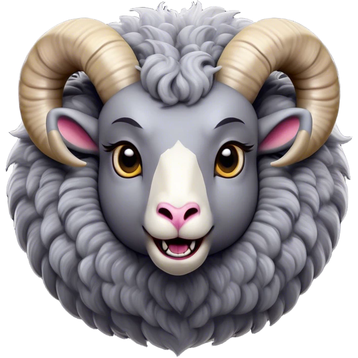 Cinematic Comical Ram Portrait Emoji, Head tilted dramatically with an exaggeratedly amused expression, featuring a striking woolly grey fur with impressively curled horns, wide, expressive dark eyes filled with playful disbelief, Simplified yet hilariously expressive features, highly detailed, glowing with a slightly sassy glow, high shine, dramatic yet playful, stylized with an air of cheeky mischief, bright and endearing, soft glowing outline, capturing the essence of a spirited and over-the-top ram, so meme-worthy it feels like it could butt its way into internet fame instantly! emoji