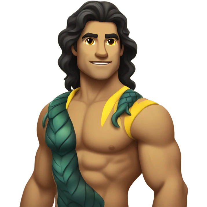 Tan muscular merman with dark hair and yellow tail emoji
