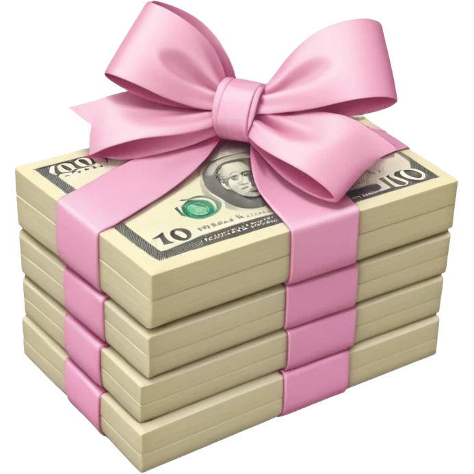 Australian $100 notes stacked together and wrapped in a pink bow emoji
