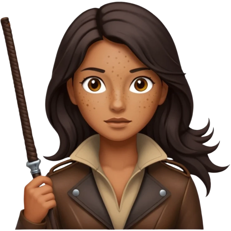 Tan skin with freckles, long dark hair, hazel eyes Dominatrix with a whip emoji