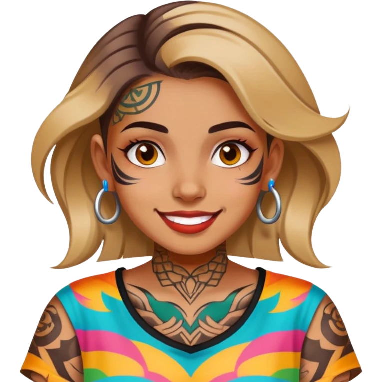 girl with bold face tattoos, happy face, wearing a colorful shirt emoji
