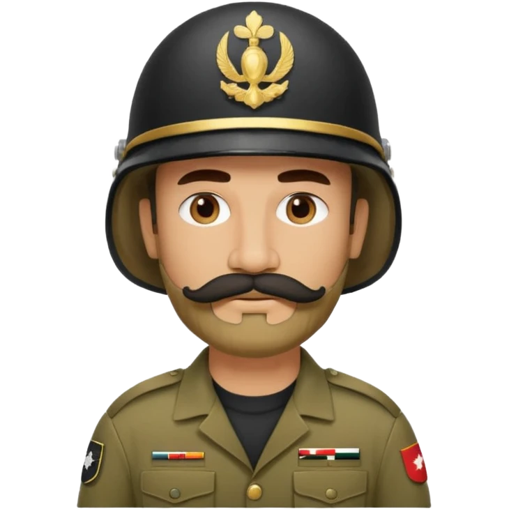 tired Iraqi military, in a helmet, with a moustache and beard emoji