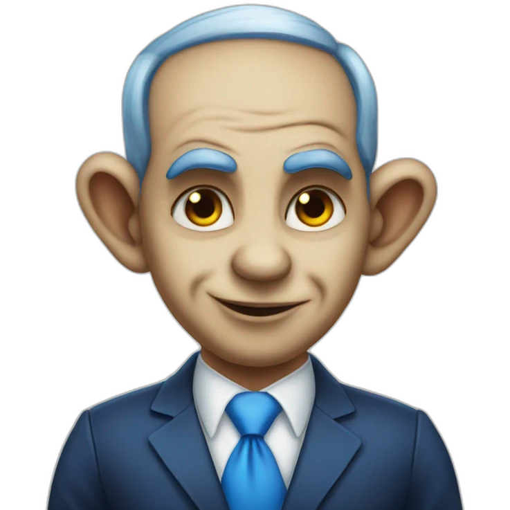 Bibi Netanyahu with horns and clown makeup with blue tie and stern face emoji