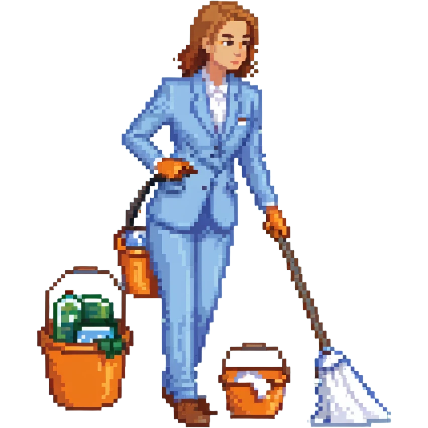 light-skinned woman in a light blue suit cleaning emoji