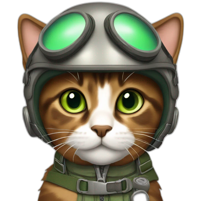 dusty brown brown calico cat without any white markings and with green eyes dressed as a pilot emoji