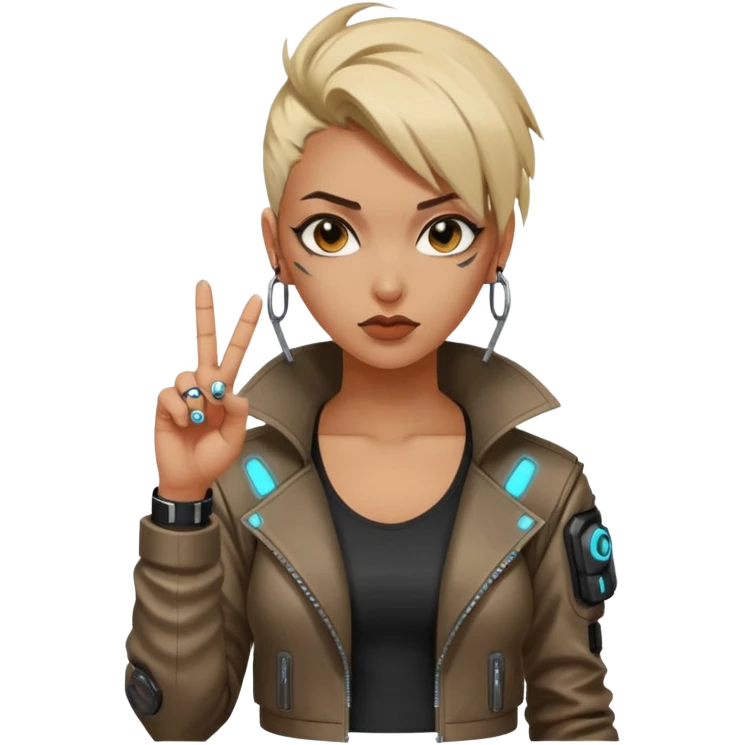Woman with her tongue out in cyberpunk clothing and giving the middle finger. Looking naughty. emoji