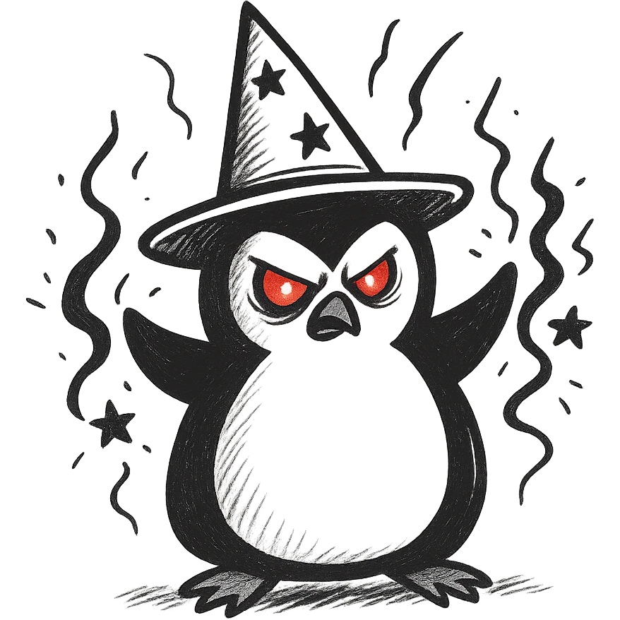 Make the crazy wizard penguin look evil, with a sinister expression, glowing red eyes, and dark magical aura in hand drawn doodle style. Use the general editor as hand drawn doodle style does not support editing. emoji