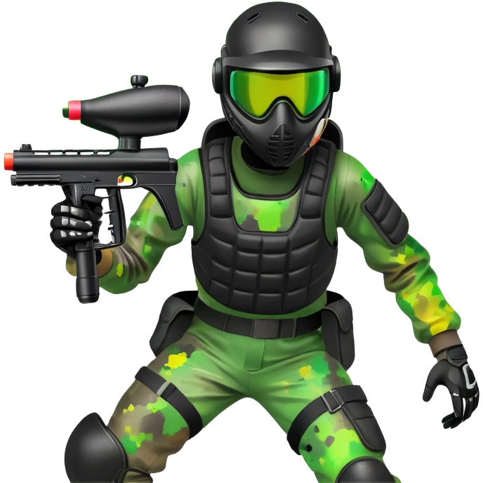 A dynamic scene of a player in action, holding a paintball gun and wearing protective gear. The background shows a vibrant paintball field with obstacles, colorful splatters of paint in the air, and an intense, competitive atmosphere. emoji