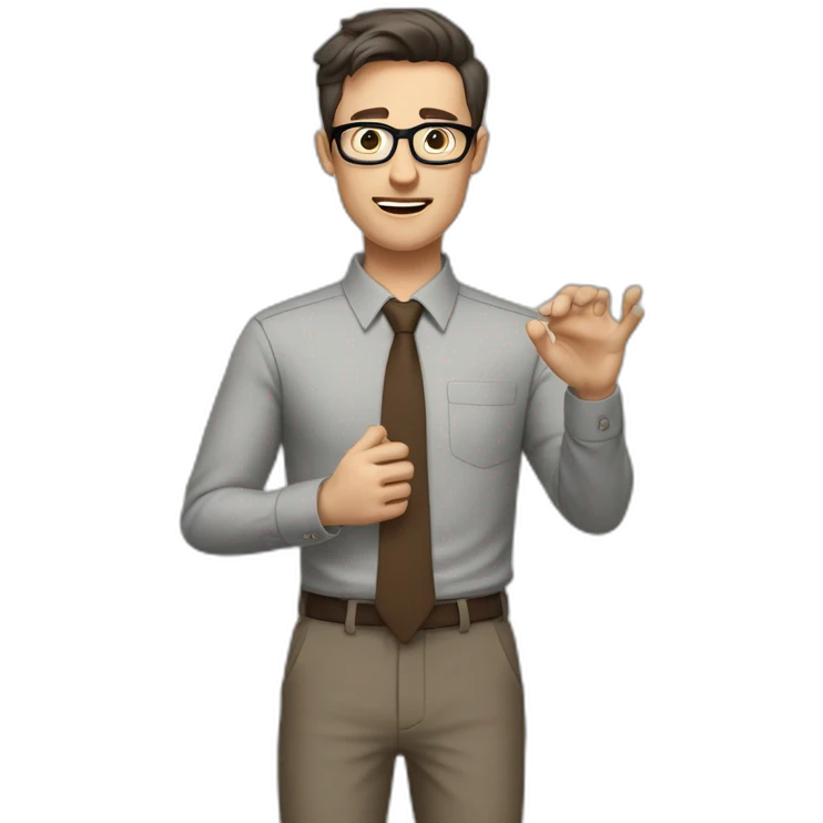 To belt Actively gesturing with hands Pale skinned fit man with dark brown hair in gray jacket, beige office shirt, brown tie, brown pants and vintage glasses. emoji