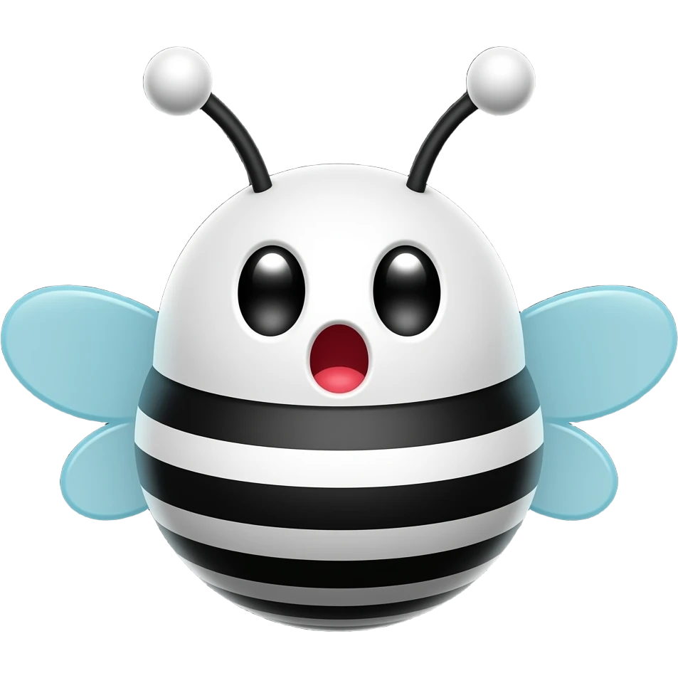 3D cartoon bee emoji, rounded chubby body, black and white stripes, big glossy black eyes wide open, mouth open in shock, light blue transparent wings, black antennae with white round tips, smooth shiny surface, black background emoji