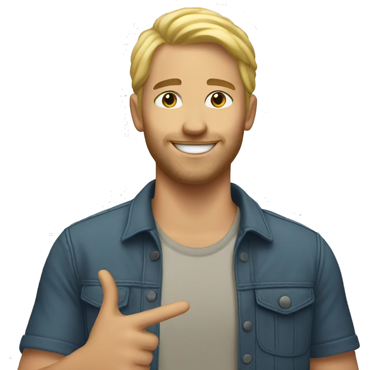 Happy 35 year old male with blonde hair giving the peace sign emoji