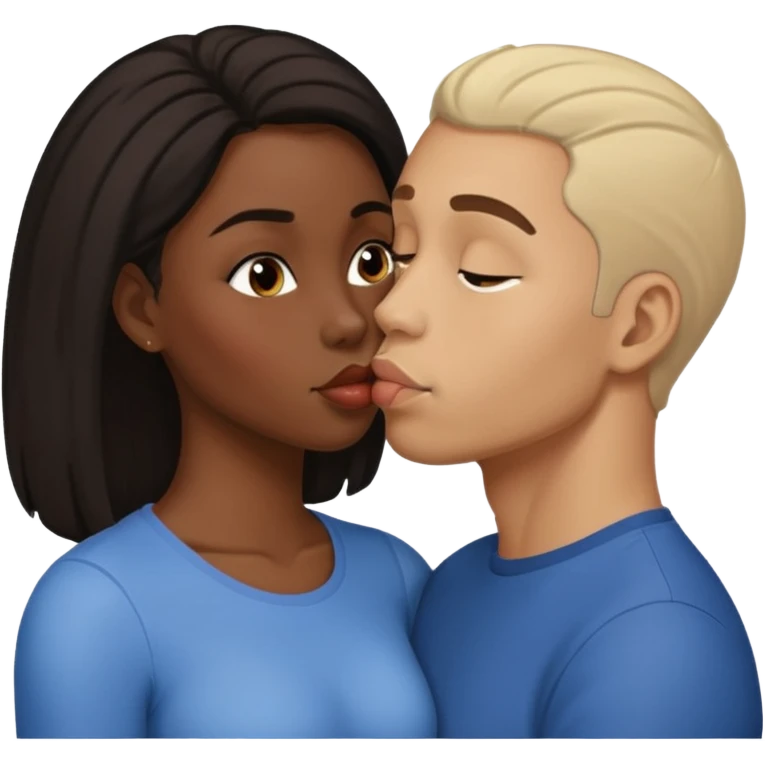 A black woman with a light skin man kissing  emoji