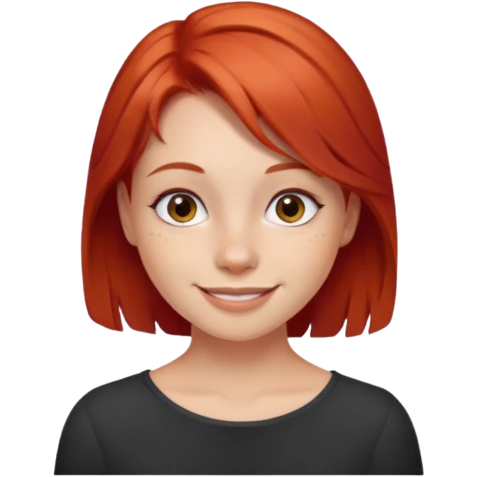 smiling girl in indoor setting red hair, mole on the right cheek emoji