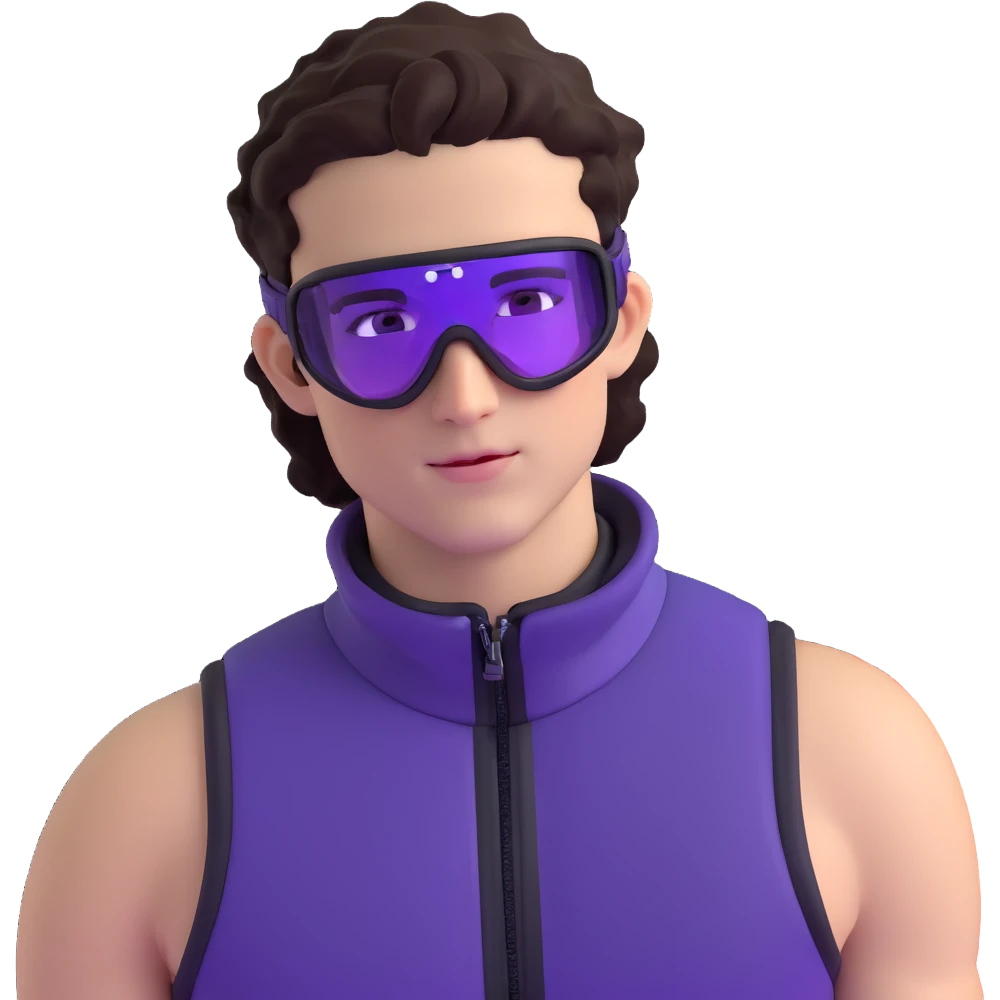 close-up of male athlete with white skin and moderately curly dark brown hair on top with shaved sides, wearing ski goggles with purple frames and very dark black lenses, a simple plain black chain necklace, and a completely unzipped sleeveless vest with purple and black sequin fire pattern design with no logo, with an arrogant smug smirk on his face, looking confident and cocky emoji