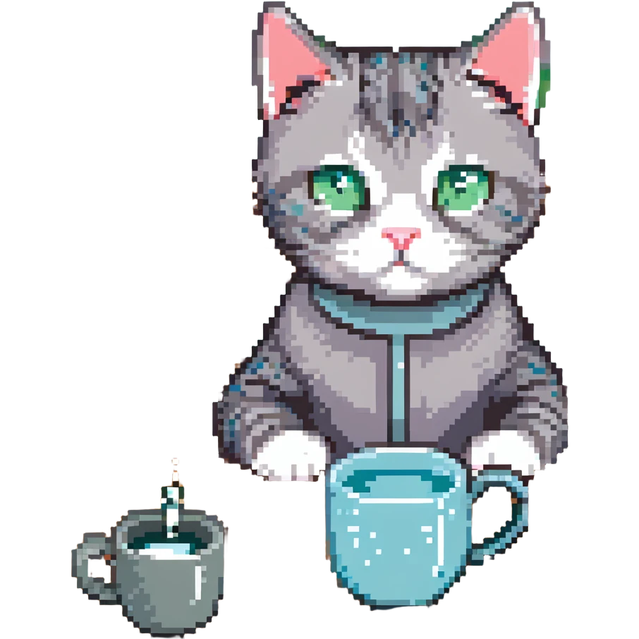 A gray striped cat sitting at a table drinking water from a mug emoji
