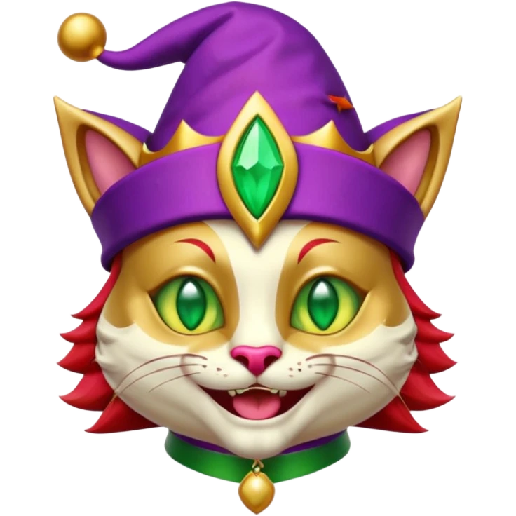 crazy colorful cute little cat jolly joker from poker, medieval, vintage, court jester, mac os icon, purple, gold and red color, half body, emerald green ice eyes, golden earrings. Squared shape as 3D mac os icon, symmetrical emoji